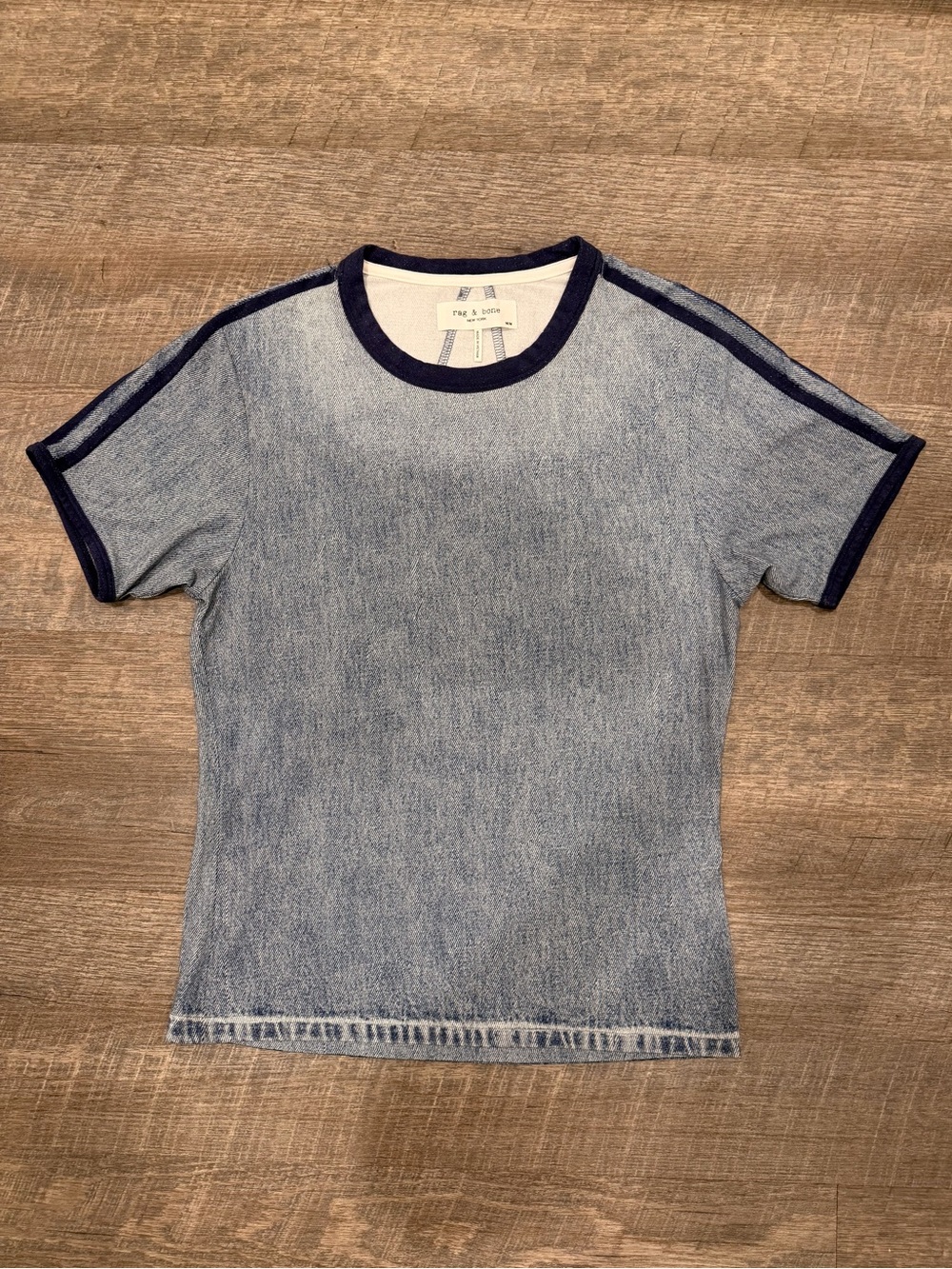 rag & bone Miramar Track Baby Tee Stretch Jersey Trompe Denim M Quiet Luxury - Picture 2 of 8